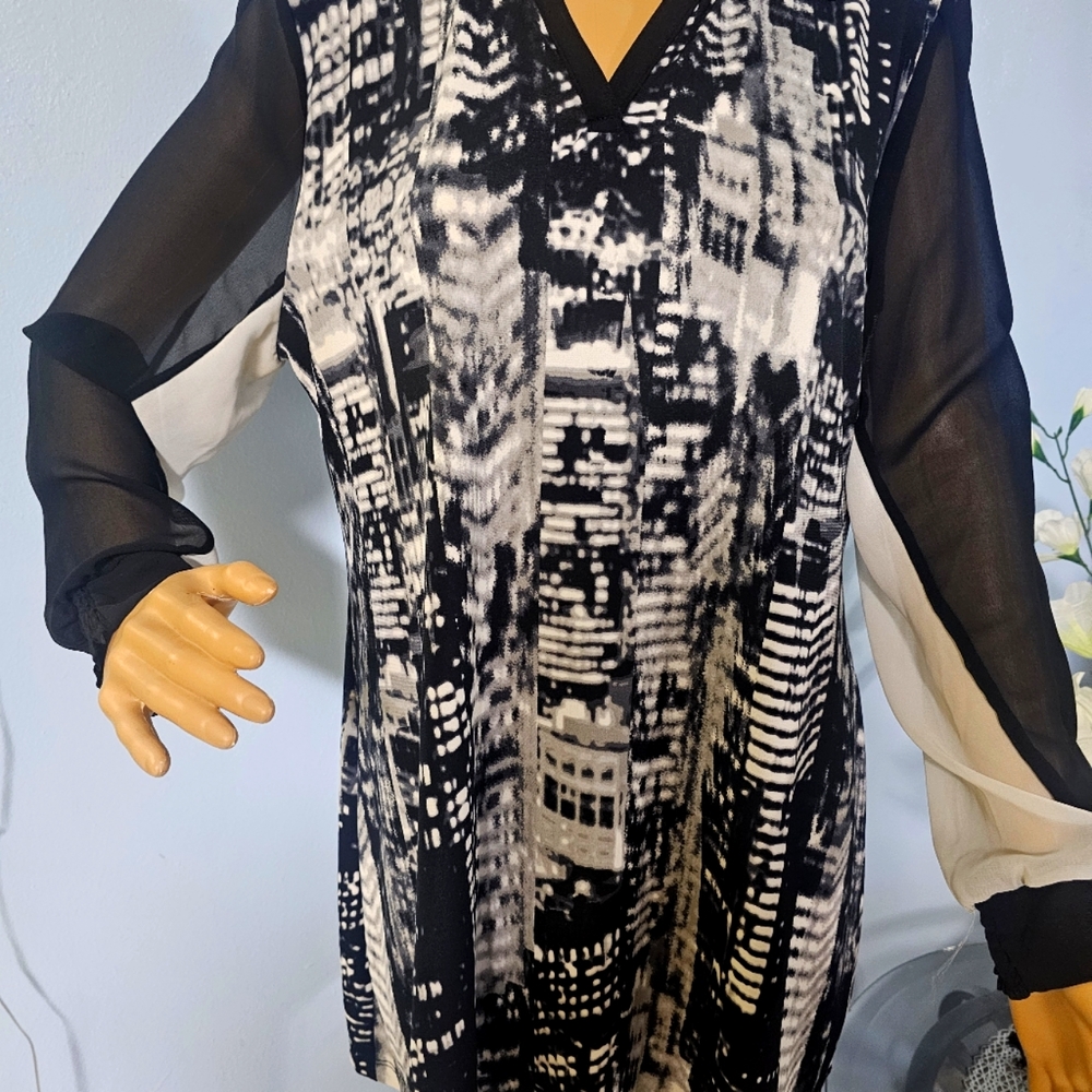 Style&Co Petite Women's Blouse Black&White With Crinkle Longsleeves Size XL